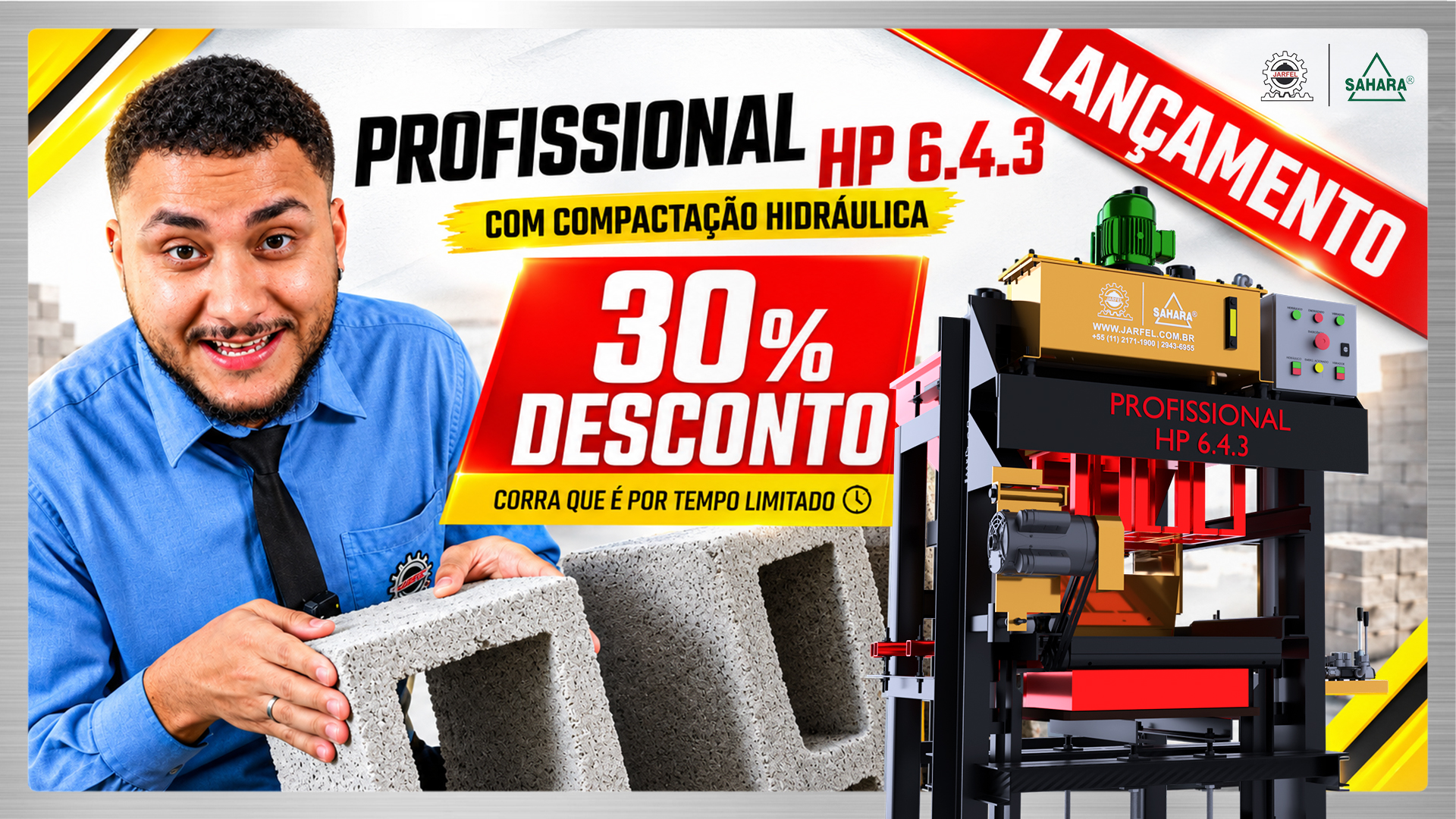 LANÇAMENTO + 30% OFF: Máquina para blocos de concreto PROFISSIONAL HP 6.4.3 - Jarfel // Sahara